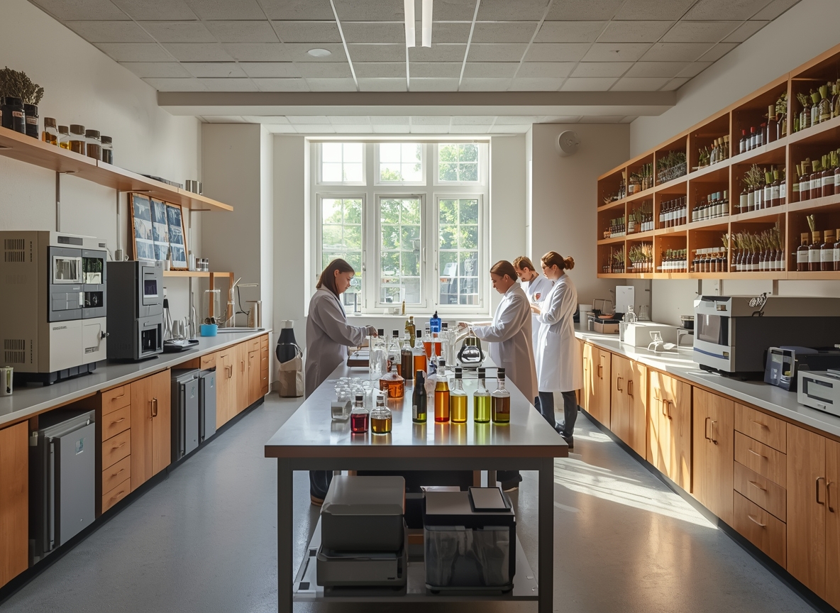 Wildnecknatural fragrance laboratory with essential oils and testing equipment